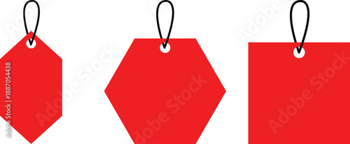 Red Hexagon Tags with Loops. Set of Red Ribbon, Discount Label, Price Tag, Sale Label, Isolated on White Background
