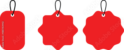 Red blank price tags with black strings. Set of Red Ribbon, Discount Label, Price Tag, Sale Label, Isolated on White Background