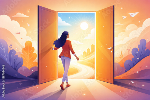 Woman opening a door to bright abstract future space in inspiring metaphorical scene