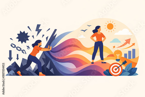 Woman transforming abstract challenges into flowing shapes in symbolic empowerment narrative