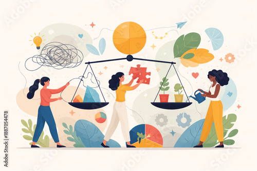 Women creating harmony from chaotic abstract elements in balanced modern composition