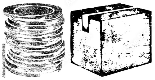 Stack of Circular Washers and Rectangular Metal Block with Textured Halftone