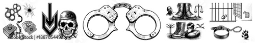 Handcuffs, Skull, Boots, and Jail Symbols in Law Enforcement Set