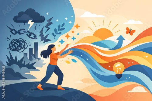 Woman transforming abstract challenges into flowing shapes in symbolic empowerment narrative