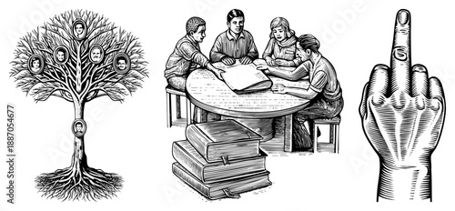 Family Tree with Portraits, Study Group Around Book, and Finger Gesture Illustrations