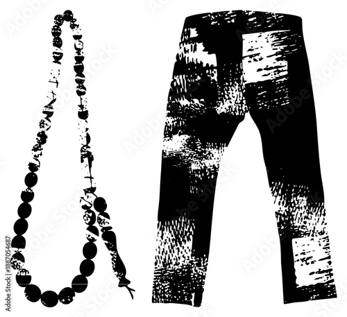 Black and White Beaded Prayer Rope and Distressed Denim Pants Vector Set