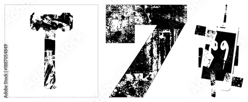 Bold Grunge Textured Typography Letters T, 7, and 9 with Distressed Stencil Effect