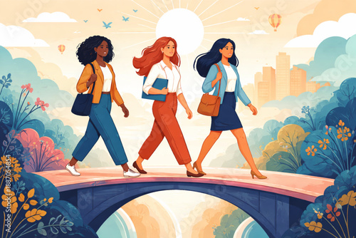Women walking confidently across stylized bridge representing opportunity and transition