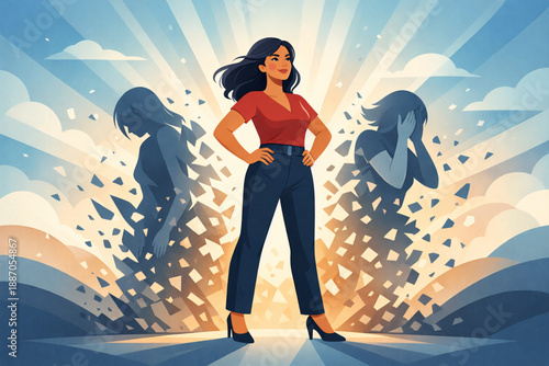 Women standing tall as abstract shadows dissolve behind them symbolizing overcoming barriers