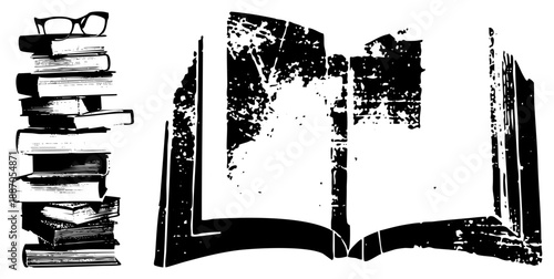 Stack of Books with Glasses and Open Book Illustration