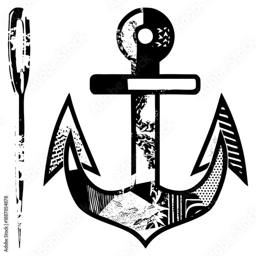 Vintage Nautical Anchor with Distressed Textures and Oar Cutout Design
