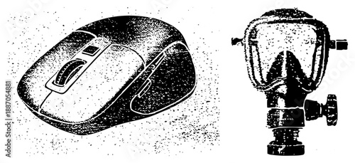 Vintage Computer Mouse and Gas Mask in Halftone Vector Illustration
