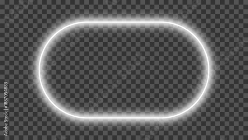White neon glowing capsule shape vector border half rounded rectangle oval frame on transparent background. Bright futuristic luminous empty center border and shining electric light effect.