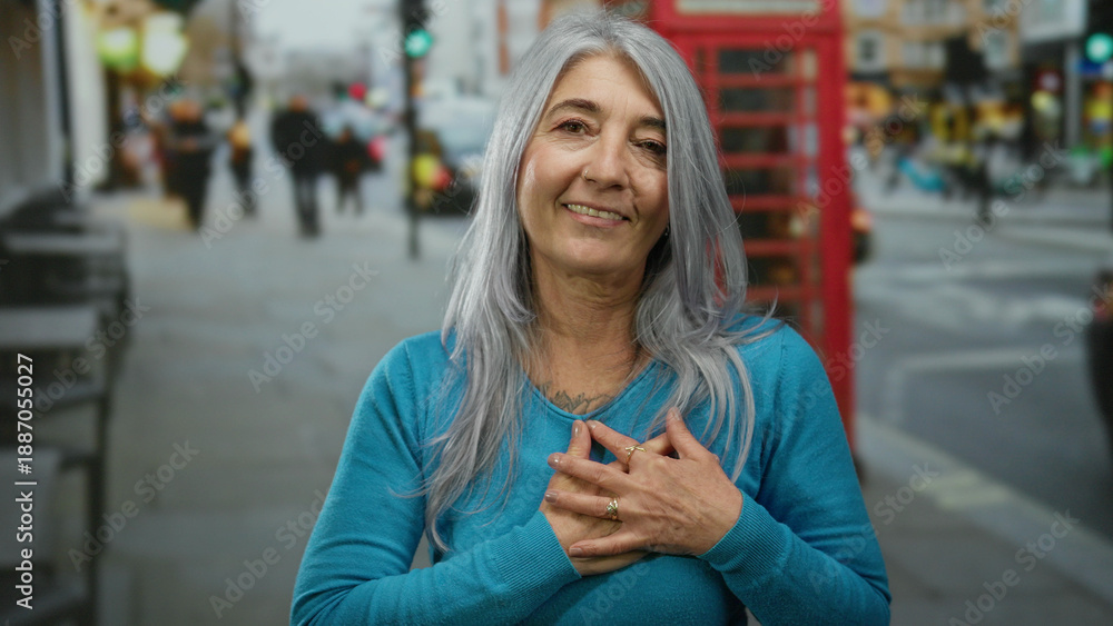 Fototapeta premium Senior woman with grey hair standing on a busy london street in front of a classic red phone booth, expressing emotion with her hands clasped to her chest.