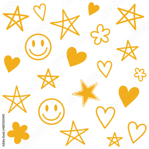 Golden Star Doodle Sparkles Set – Shiny Scrapbook Smiley Hearts Sketch Elements