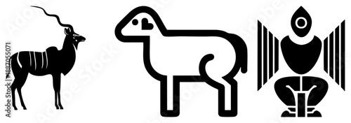 Minimalist Black Silhouettes of Kudu, Sheep, and Robot in Vector Style