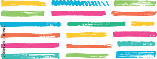Set of colorful hand drawn paint brush strokes and grunge texture lines