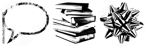 Vintage Halftone Speech Bubble, Book Stack, and Bow Tie Graphic Set
