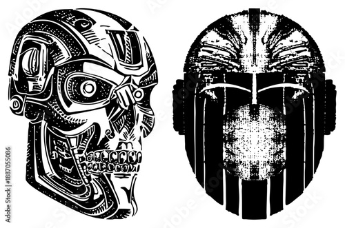 Two Stylized Skulls with Mechanical and Textured Helmets Design