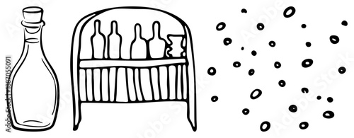 Hand Drawn Bottle and Rack with Floating Circular Elements