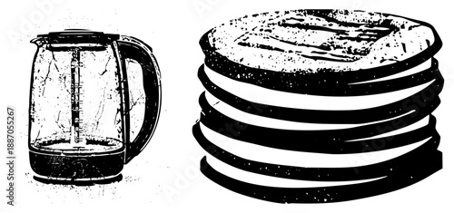 Electric Kettle with Measurement Scale and Stacked Pancakes with Butter