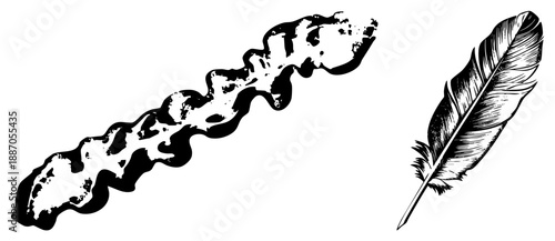 Ink Splotch and Feather Quill Illustration in Black and White
