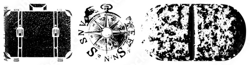 Vintage Travel Suitcase, Compass Rose, and Weathered Map Fragment