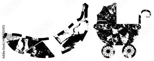 Vintage Stylized Baby Carriage and Infant Symbols in Grunge Vector Art