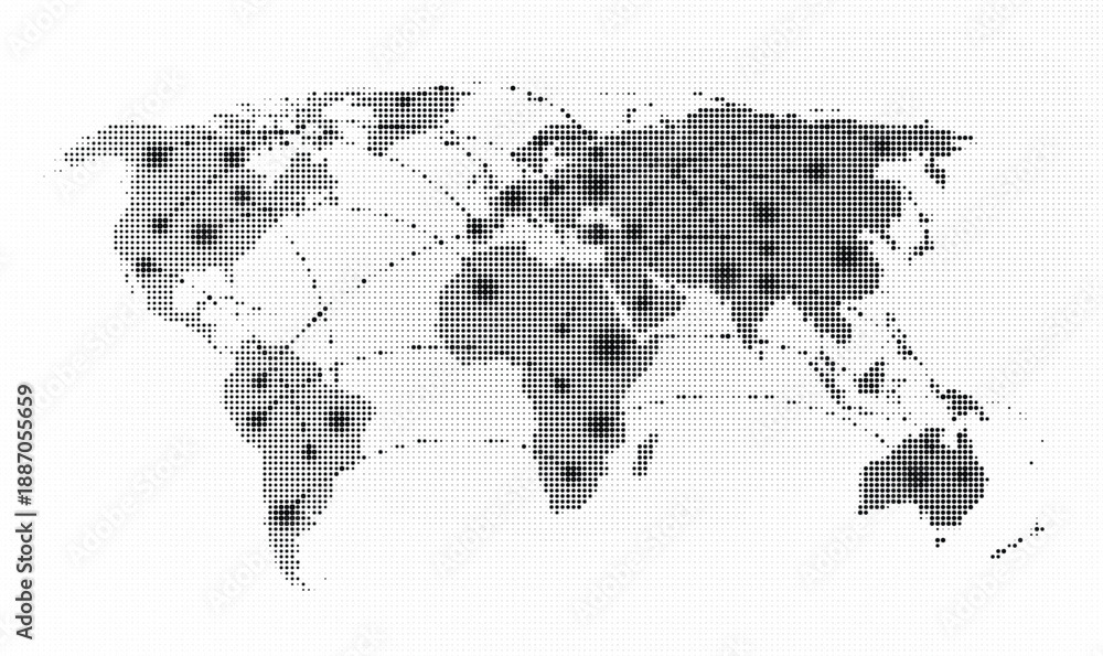 Obraz premium Black and white halftone world map on with grid pattern
