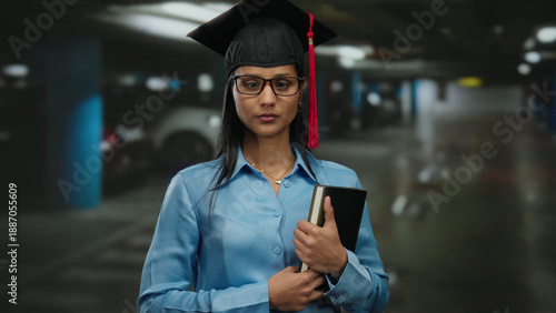 Cuadro en lienzo Woman in parking garage holding book, wearing graduation cap and glasses, suggesting academic success and indoor contemplation