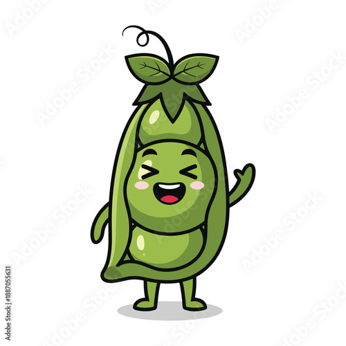 Happy green pea character with leafy top