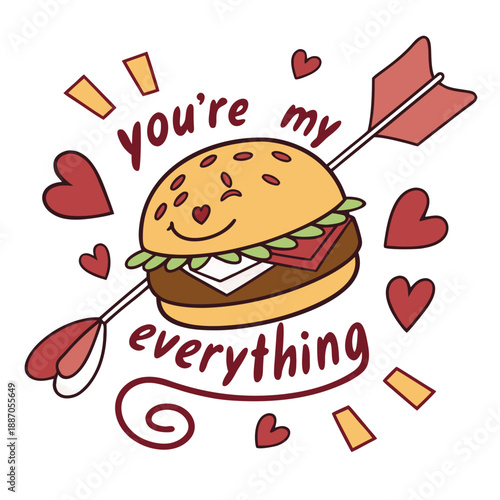 Cute Cheeseburger Valentine Card Illustration – Romantic Food Pun Quote, Kawaii Burger Character With Heart Eyes, Cupid Arrow, You Are My Everything Lettering, Funny Love Icon, Greeting Graphic Design