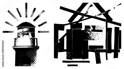 Lighthouse Beacon and Abstract Japanese Character Vector Art