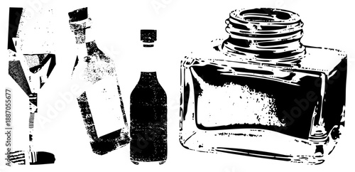 Vintage Glass Bottle and Wine Glass Set in Halftone Vector Style