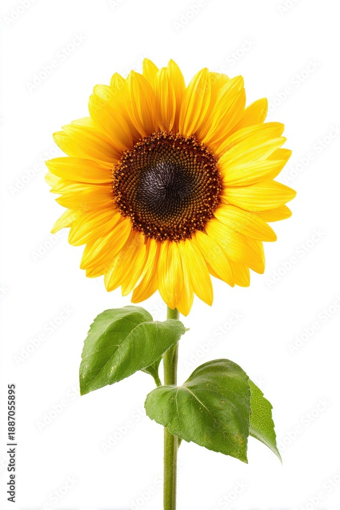 Naklejka premium Vibrant sunflower with green leaves isolated on white background
