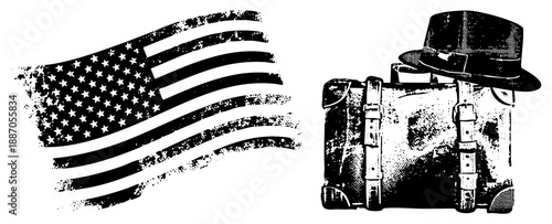 Vintage Travel Suitcase with Fedora Hat and Worn American Flag