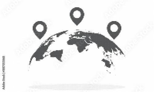 Black and white illustration of a world map with three location pins on it in a pixelated style