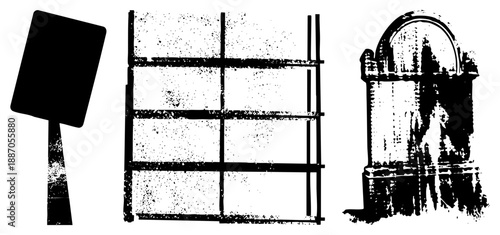 Vintage Squeegee, Grid Wall, and Ornate Monument Silhouettes