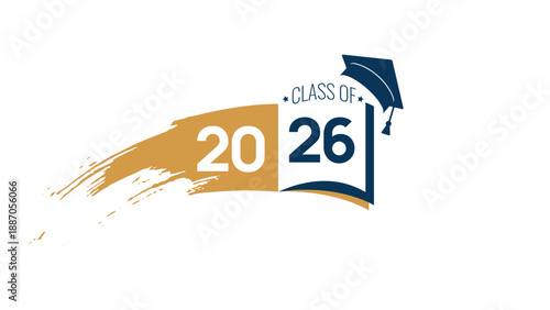 Class of 2026. White, gold and black number, education academic cap and open book. Template for graduation design frame, high school, college congratulation graduate, yearbook. Vector illustration.