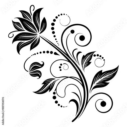 A graphic illustration of a botanical element meeting a geometric design. The flowing lines of a plant branch with delicate leaves and spirals contrast sharply with a complex square knot pattern..