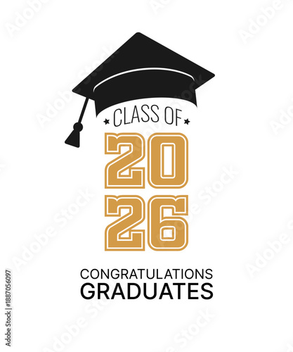 Class of 2026 holiday. Blue number, education academic cap and open book on white background. Template for graduation design frame, high school, college congratulation graduate. Vector illustration.