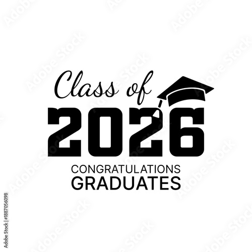 Class of 2026. Black number with education academic caps. Template for graduation design, high school or college congratulation graduate, yearbook. Vector illustration.