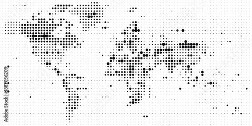 Black halftone world map with partial dot pattern