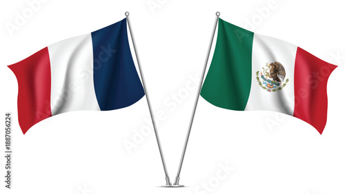 High Quality background with Two Standings Wavy Flags of Mexico and France