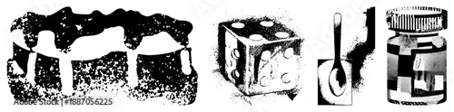 Vintage Halftone Illustration of Dice, Spoon, Jar, and Abstract Shapes