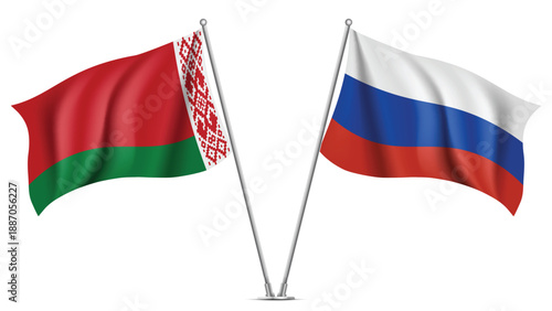 High Quality background with Two Standings Wavy Flags of Russia and Belarus