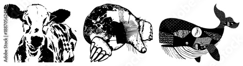 Three Stylized Animal Silhouettes with Intricate Black and White