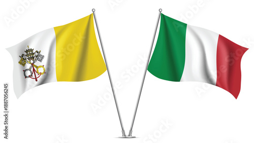 High Quality background with Two Standings Wavy Flags of Italy and Vatican City
