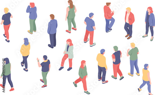 Isometric people walking pattern illustration, diverse crowd characters, urban lifestyle concept, modern flat design, seamless background isolated white