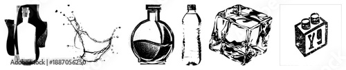 Vintage Bottle, Water Splash, Flask, Plastic Bottle, Ice Cube, Brick Vector